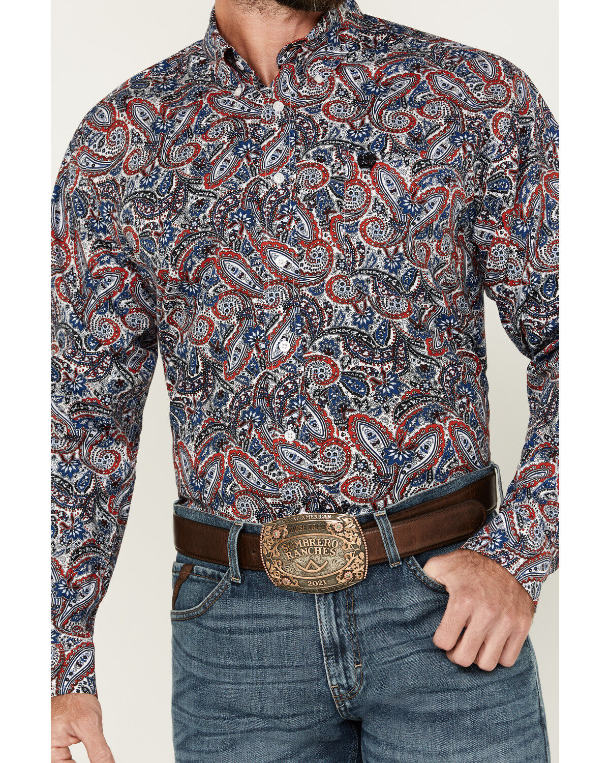 Image #2 - Cinch Men's Exploded Paisley Print Long Sleeve Button-Down Western Shirt, Red/white/blue, hi-res