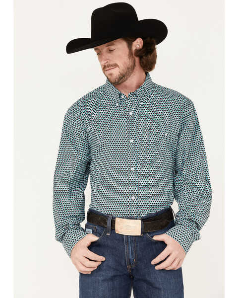 RANK 45® Men's Colt Geo Print Long Sleeve Button-Down Western Shirt , White, hi-res