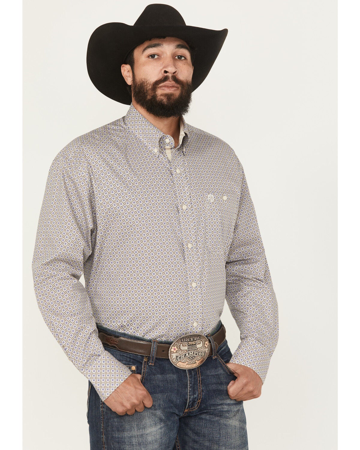 George Strait by Wrangler Men's Medallion Print Long Sleeve Button-Down Stretch Western Shirt, Multi, hi-res