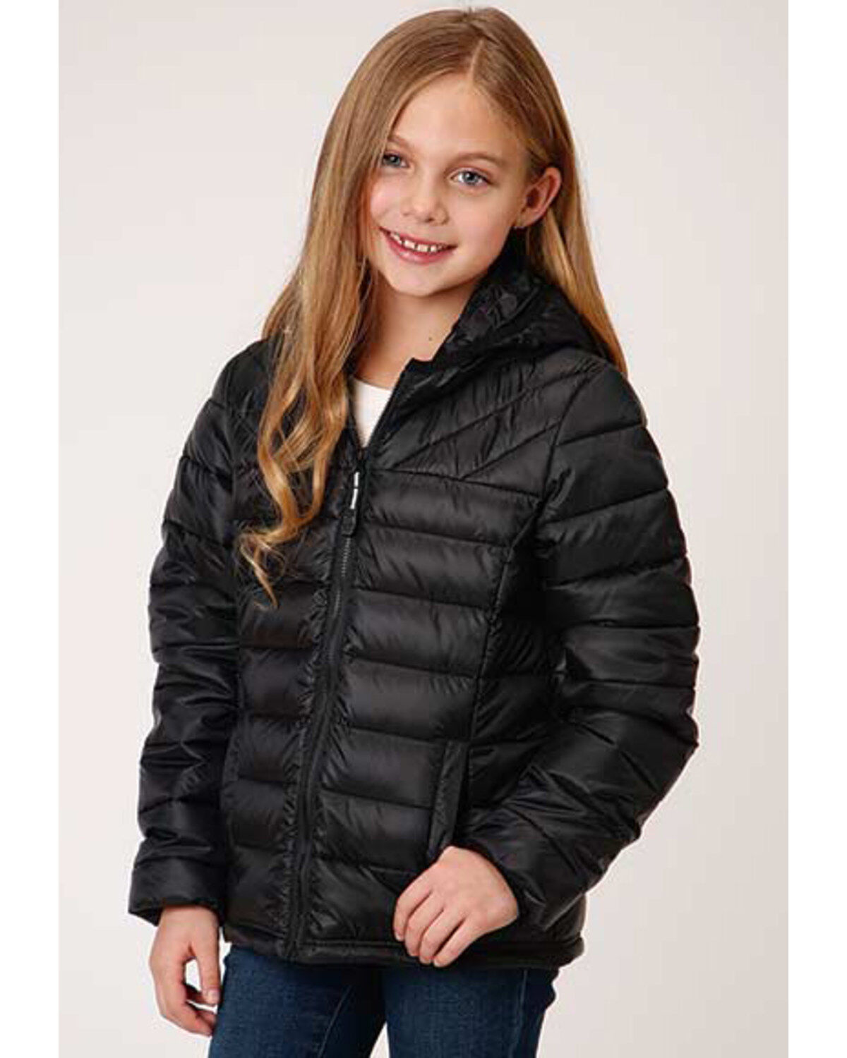 Image #1 - Roper Girls' Solid Crushable Parachute Zip-Front Hooded Nylon Jacket, Black, hi-res