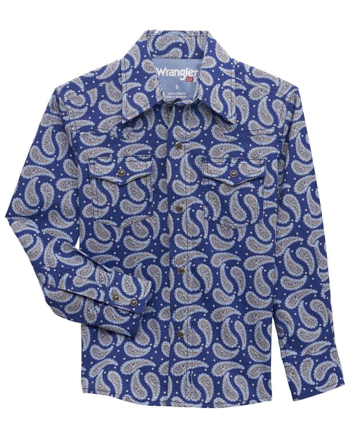 Wrangler 20X Boys' Paisley Print Long Sleeve Snap Stretch Western Shirt, Blue, hi-res