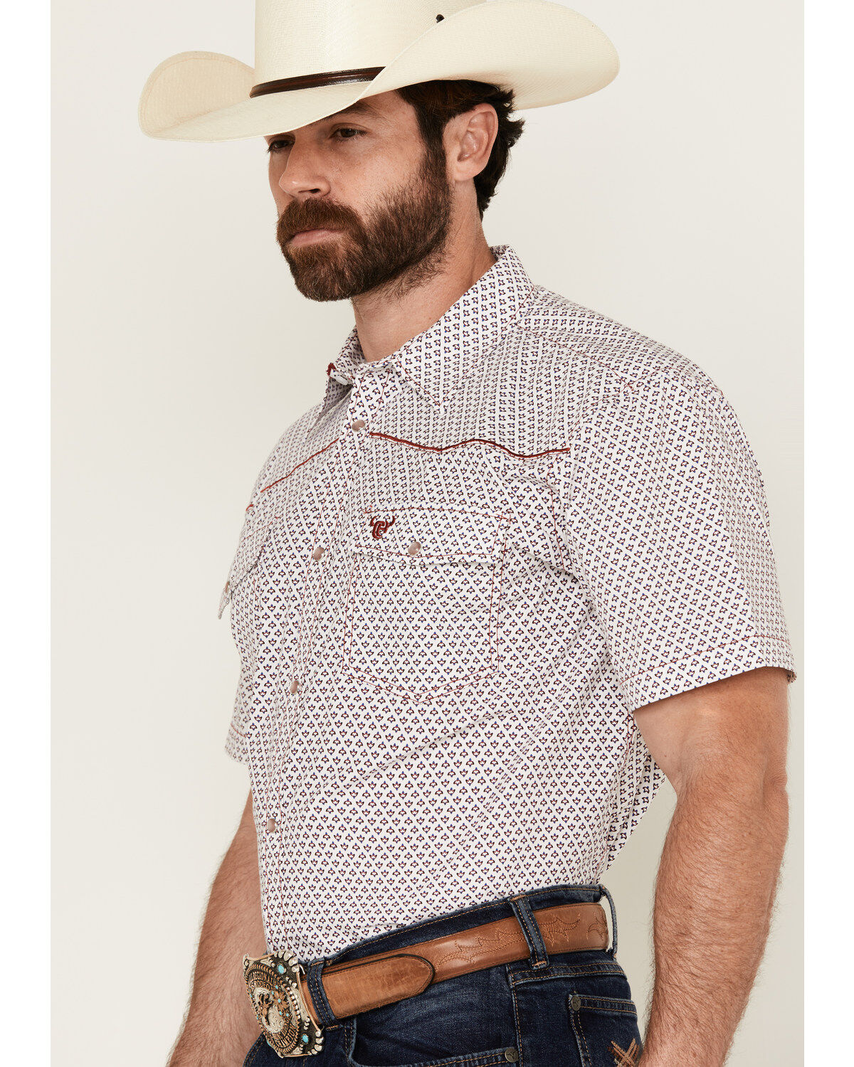 Image #2 - Cowboy Hardware Men's Fleur Printed Short Sleeve Pearl Snap Western Shirt, White, hi-res