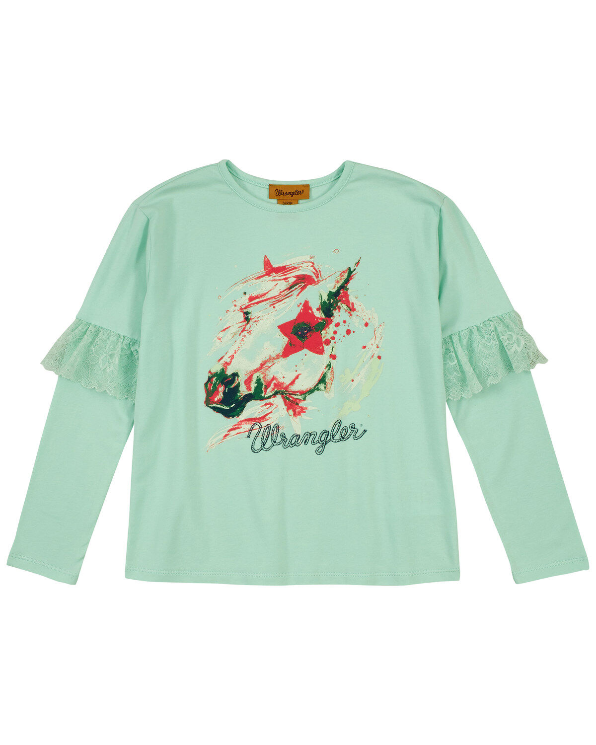 Image #1 - Wrangler Girls' Art Graphic Ruffle Long Sleeve Top, Teal, hi-res