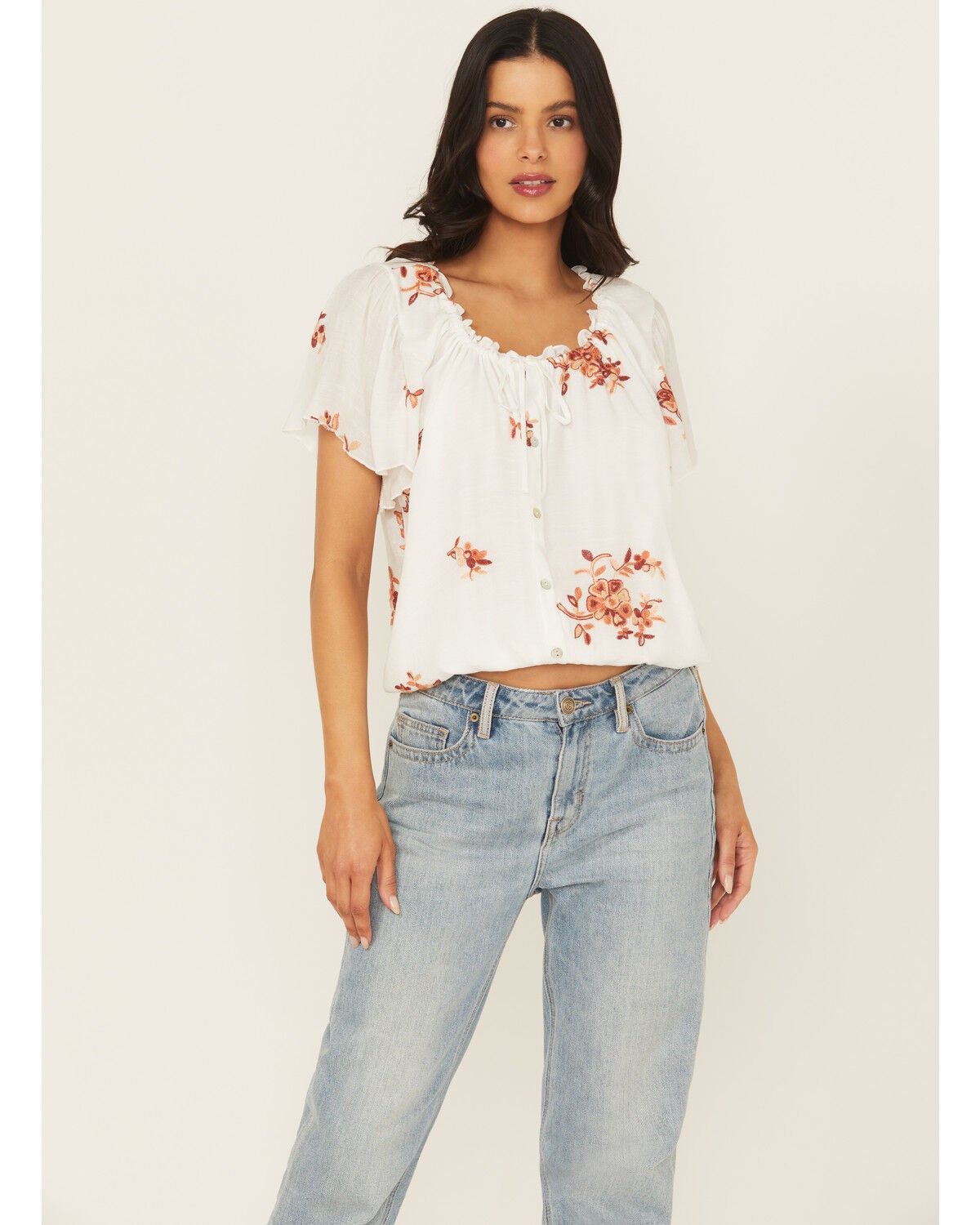 Wild Moss Women's Embroidered Tie-Front Top, White, hi-res