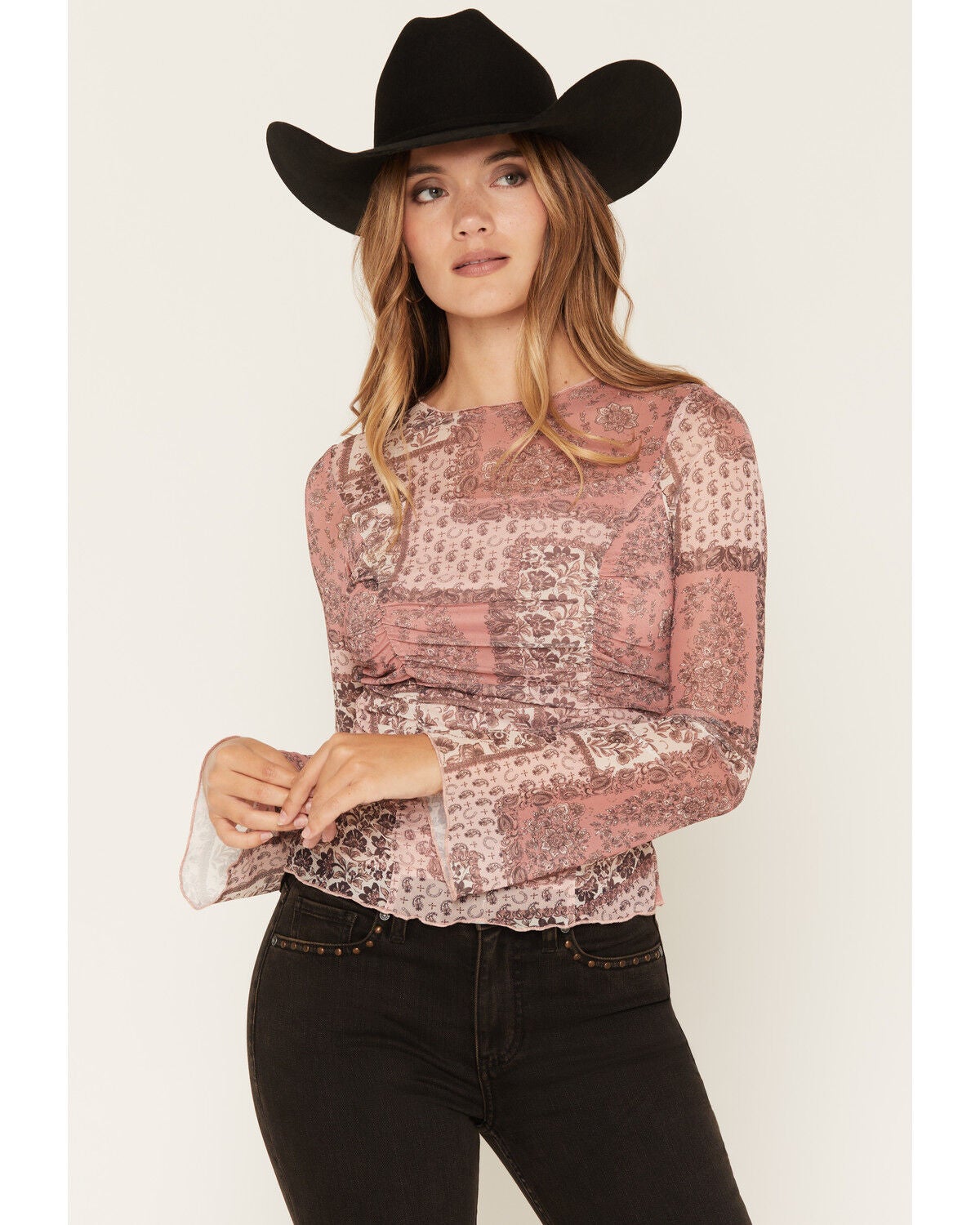 Image #1 - Ash & Violet Women's Floral Print Mesh Long Sleeve Top, Mauve, hi-res