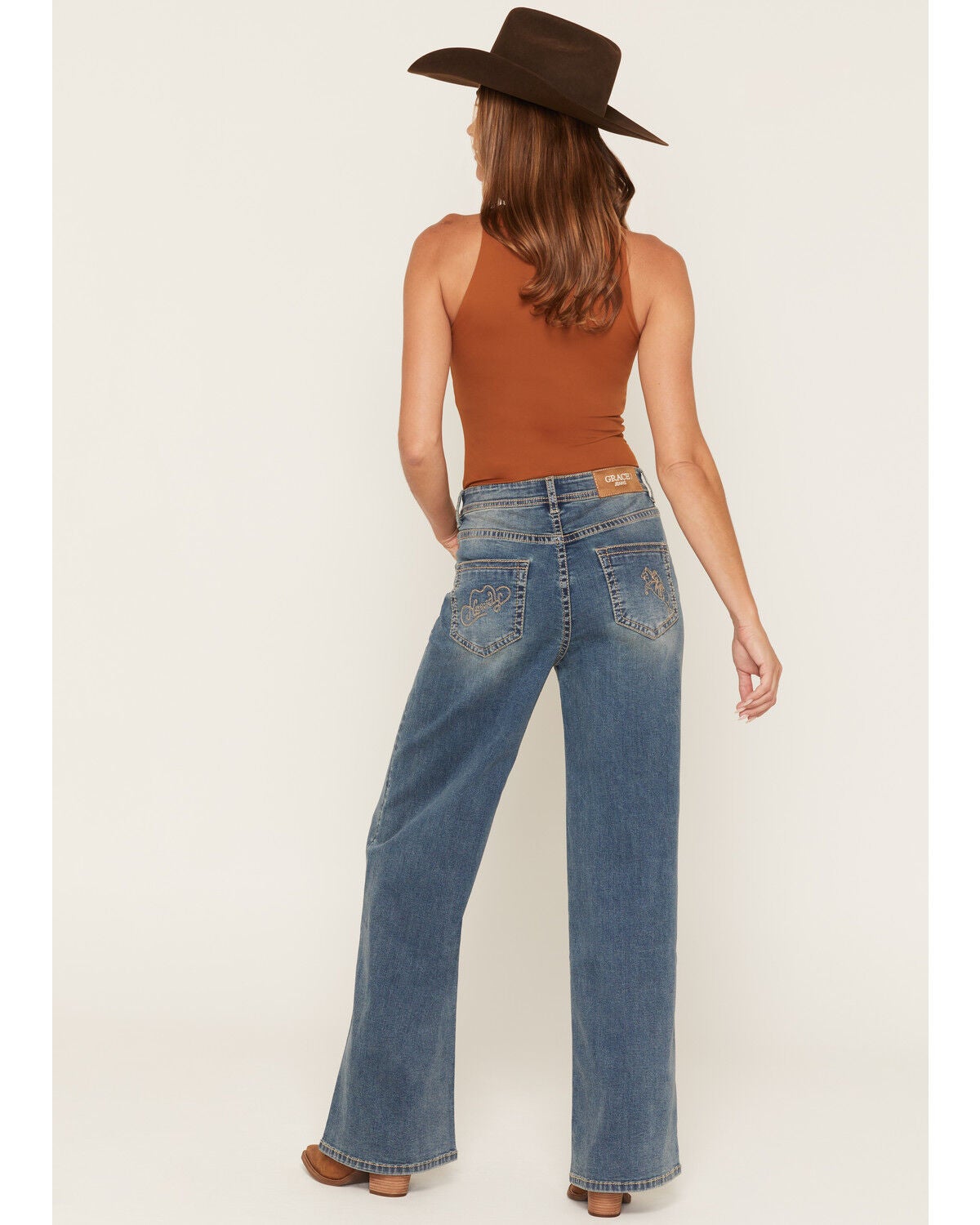 Image #1 - Grace in LA Women's  Medium Wash High Rise Horse Pocket 32" Trouser Stretch Denim Jeans, Medium Wash, hi-res