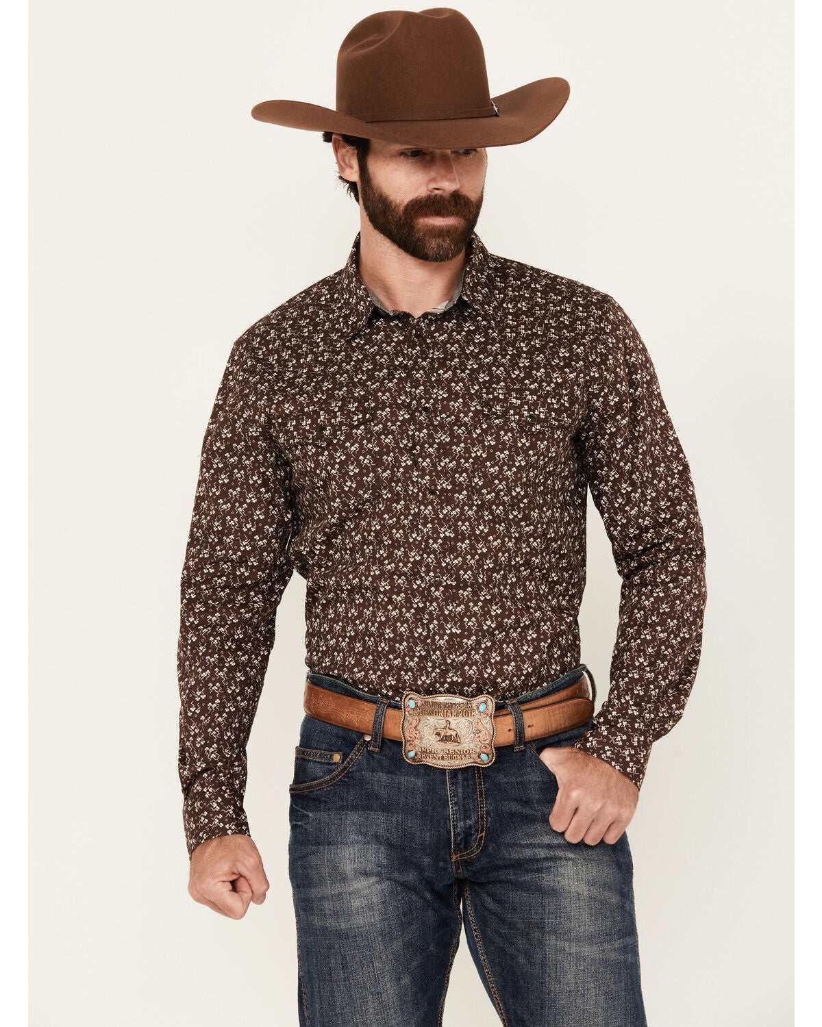 Cody James Men's Garrison Floral Print Long Sleeve Snap Western Shirt, Brown, hi-res