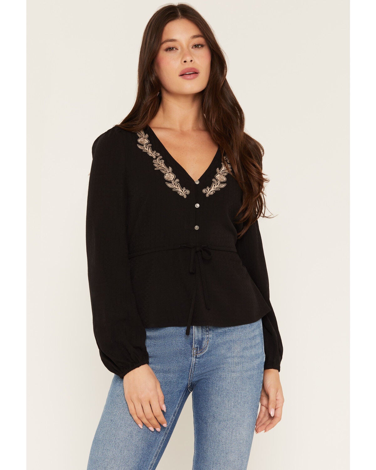 Image #1 - Idyllwind Women's Marcella Embroidered Long Sleeve Button-Down Shirt, Black, hi-res