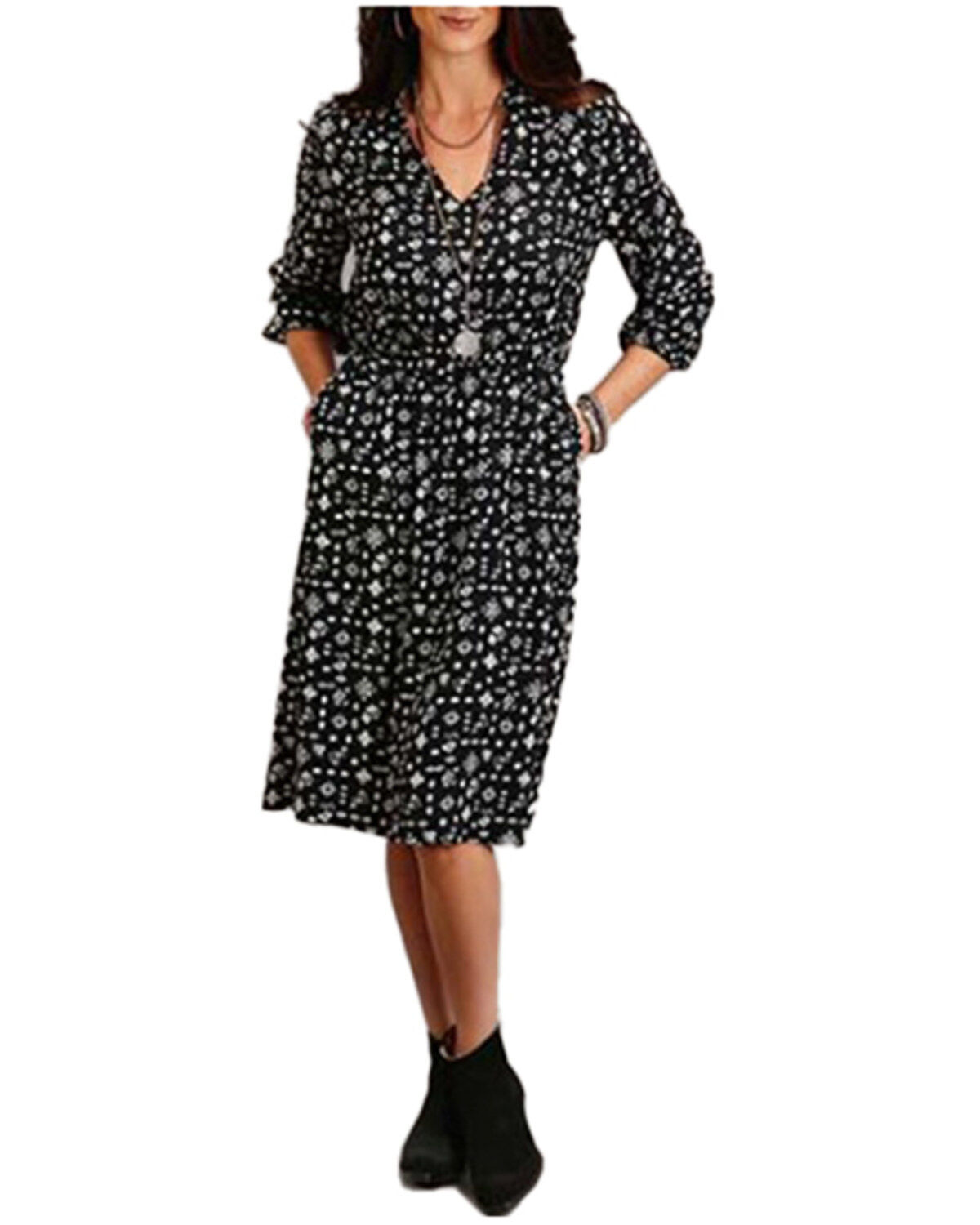 Image #1 - Roper Women's Southwestern Print Long Sleeve Midi Dress, Black, hi-res