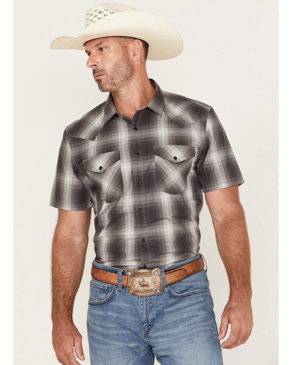 Pendleton Men's Boot Barn Exclusive Frontier Plaid Print Short Sleeve Snap Western Shirt, Grey, hi-res