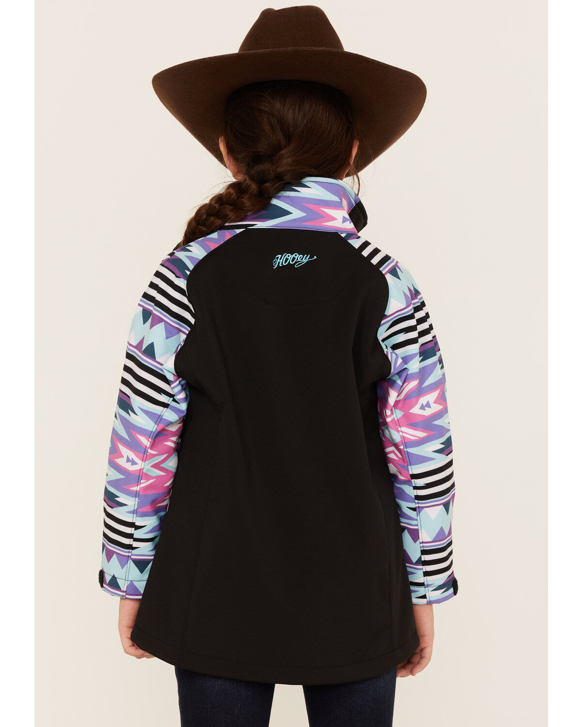 Image #4 - Hooey Girls' Southwestern Print Sleeve Zip-Front Softshell Jacket, Black, hi-res