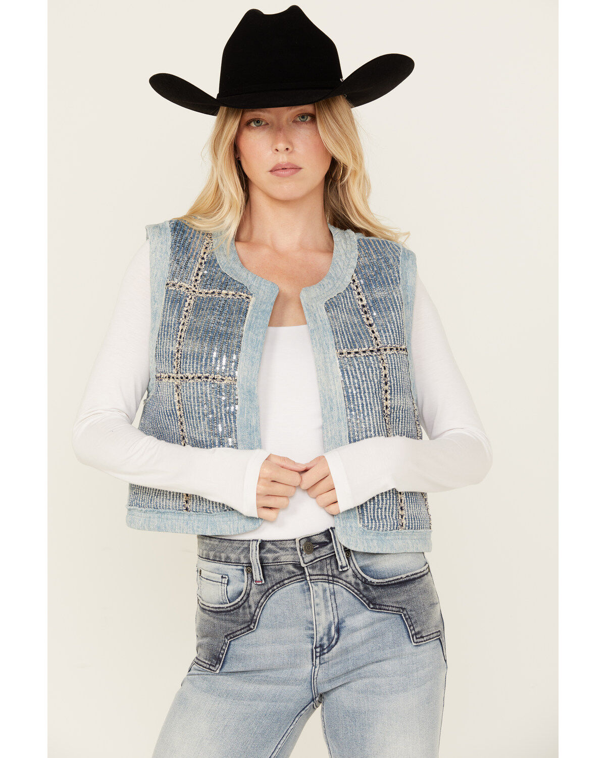 Miss Me Women's Denim Sequins Plaid Vest, Medium Blue, hi-res