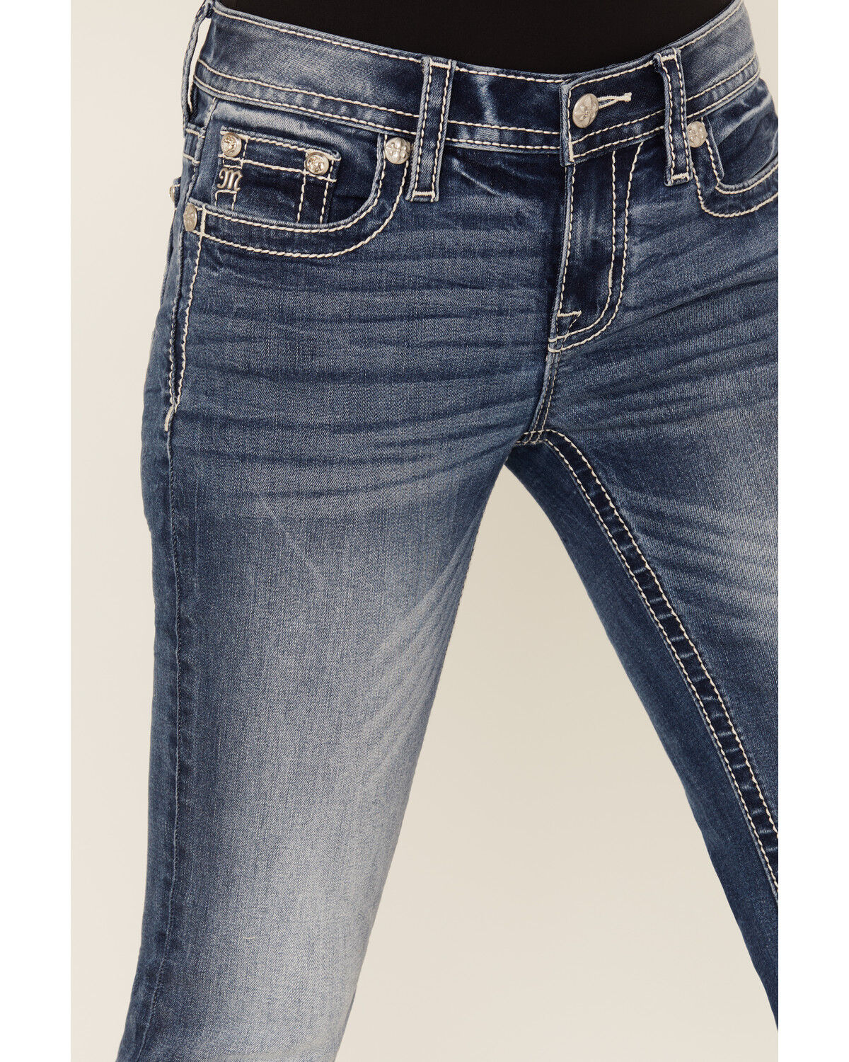 Image #4 - Miss Me Women's Medium Wash Mid Rise Fleur de Lis Pocket 32" Bootcut Stretch Denim Jeans, Medium Wash, hi-res