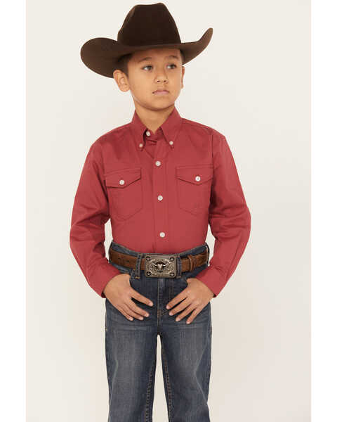 Roper Boys' Amarillo Long Sleeve Western Button-Down Shirt, Red, hi-res