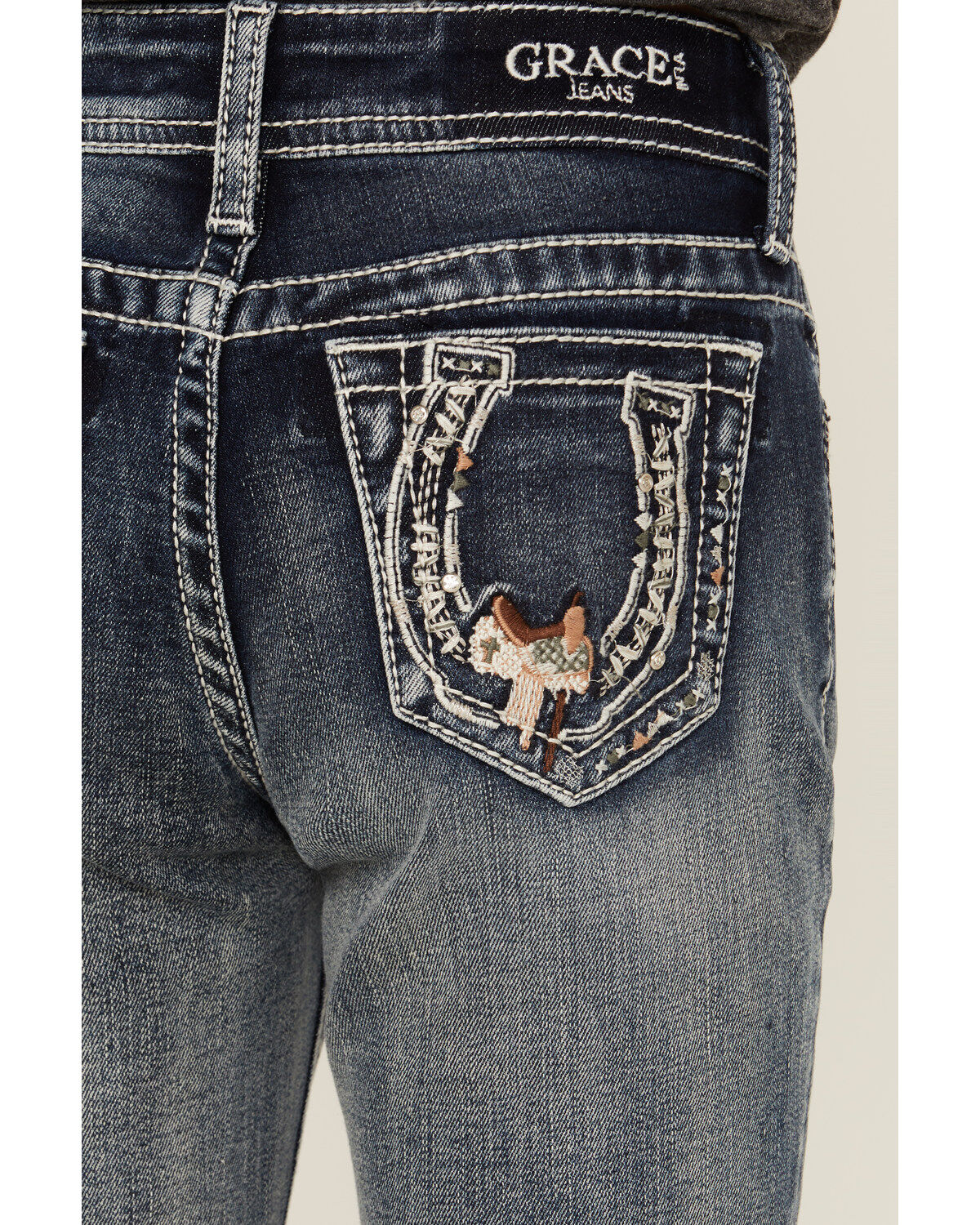 Image #2 - Grace in LA Girls' Medium Wash Horseshoe Embroidered Stretch Bootcut Jeans, Medium Wash, hi-res