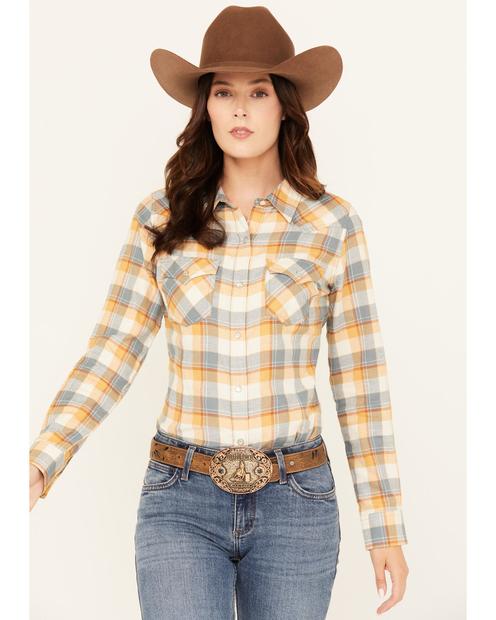 Product Name Wrangler Retro Women s Boot Barn Exclusive Plaid Print Long Sleeve Pearl Snap Flannel Shirt