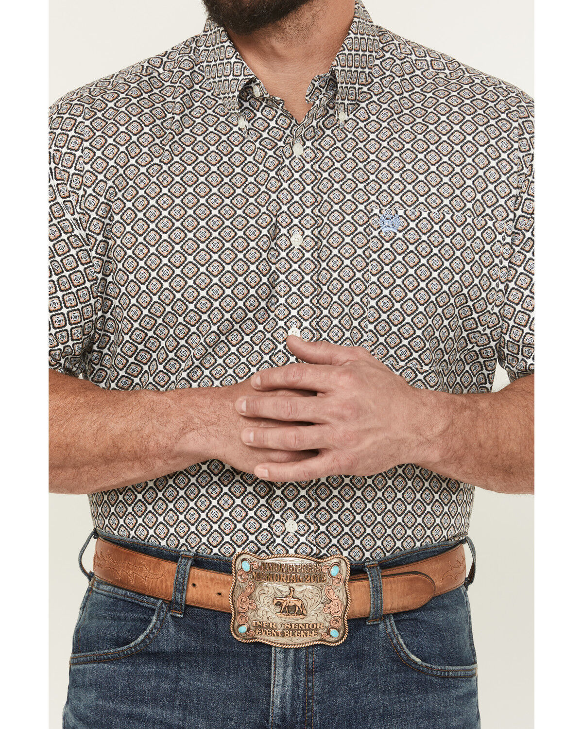 Image #3 - Cinch Men's Medallion Print Short Sleeve Button-Down Western Shirt, Cream, hi-res