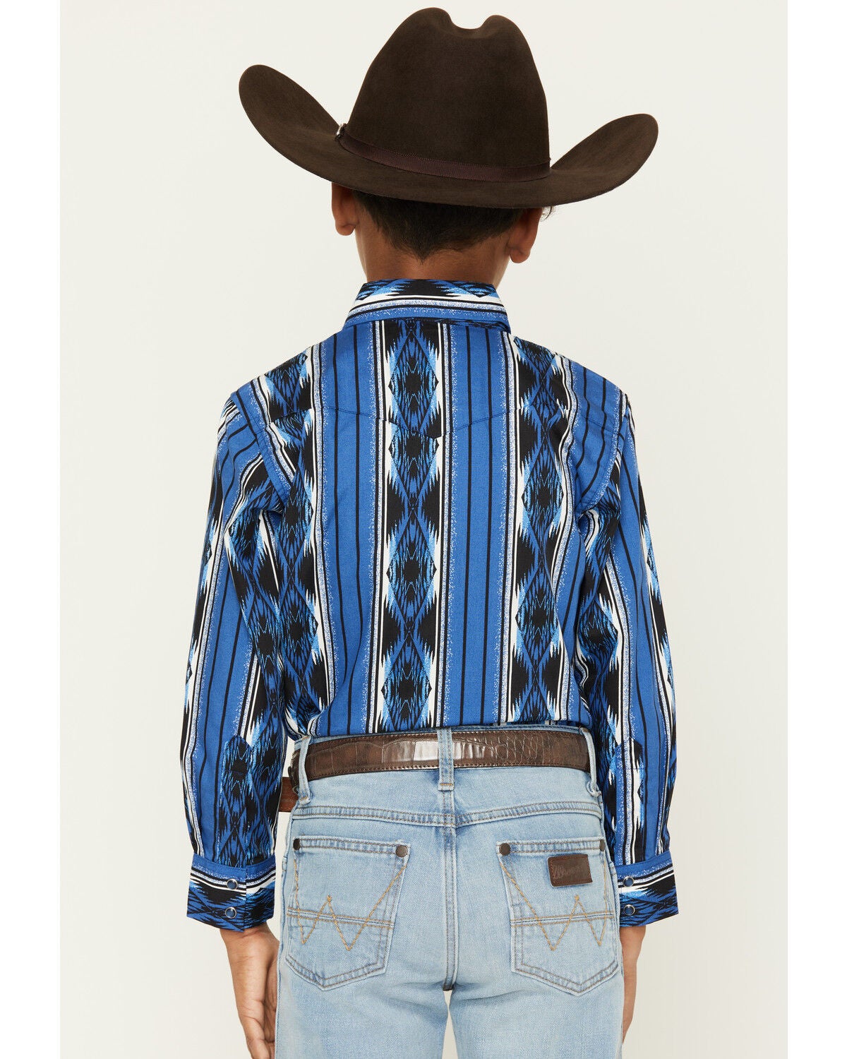 Image #4 - Wrangler Boys' Southwestern Striped Long Sleeve Pearl Snap Western Shirt, Blue, hi-res