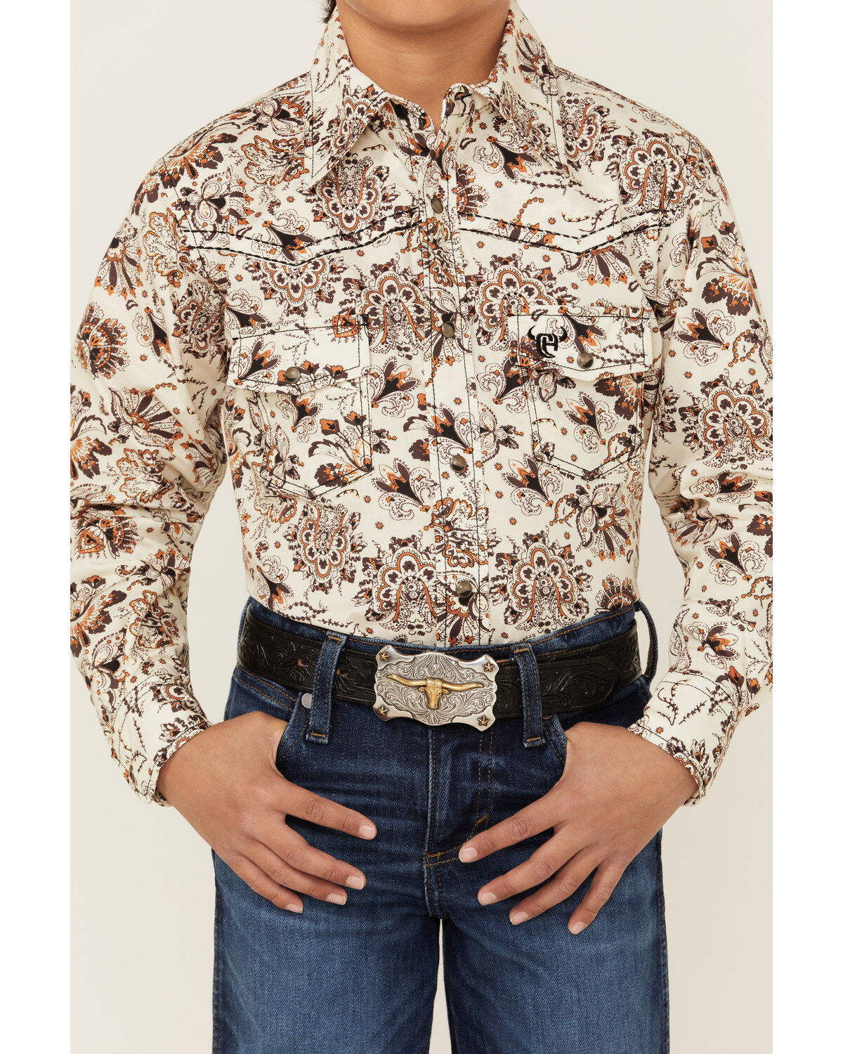 Image #3 - Cowboy Hardware Boys' Peacock Paisley Print Long Sleeve Snap Western Shirt, Brown, hi-res