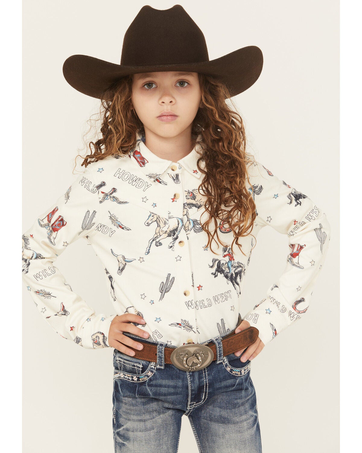 Shyanne Girls' Conversation Print Long Sleeve Button-Down Faux Suede Western Shirt, Ivory, hi-res