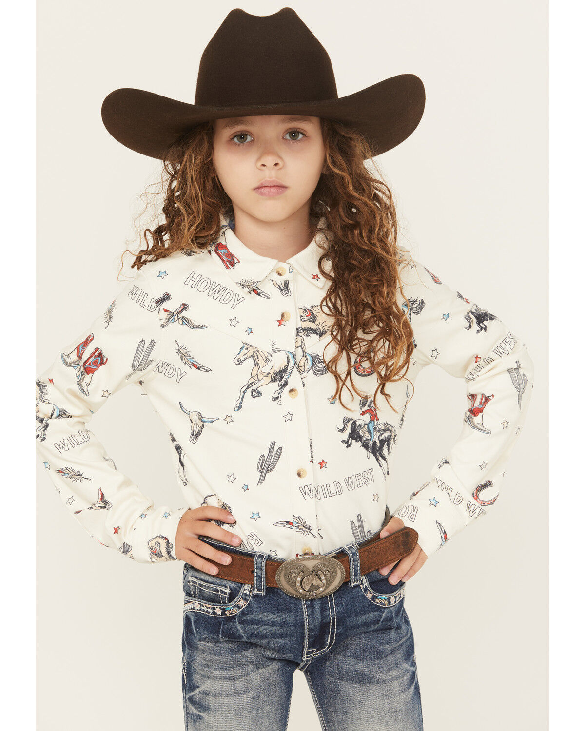 Image #1 - Shyanne Girls' Conversation Print Long Sleeve Button-Down Faux Suede Western Shirt, Ivory, hi-res