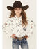 Image #1 - Shyanne Girls' Conversation Print Long Sleeve Button-Down Faux Suede Western Shirt, Ivory, hi-res