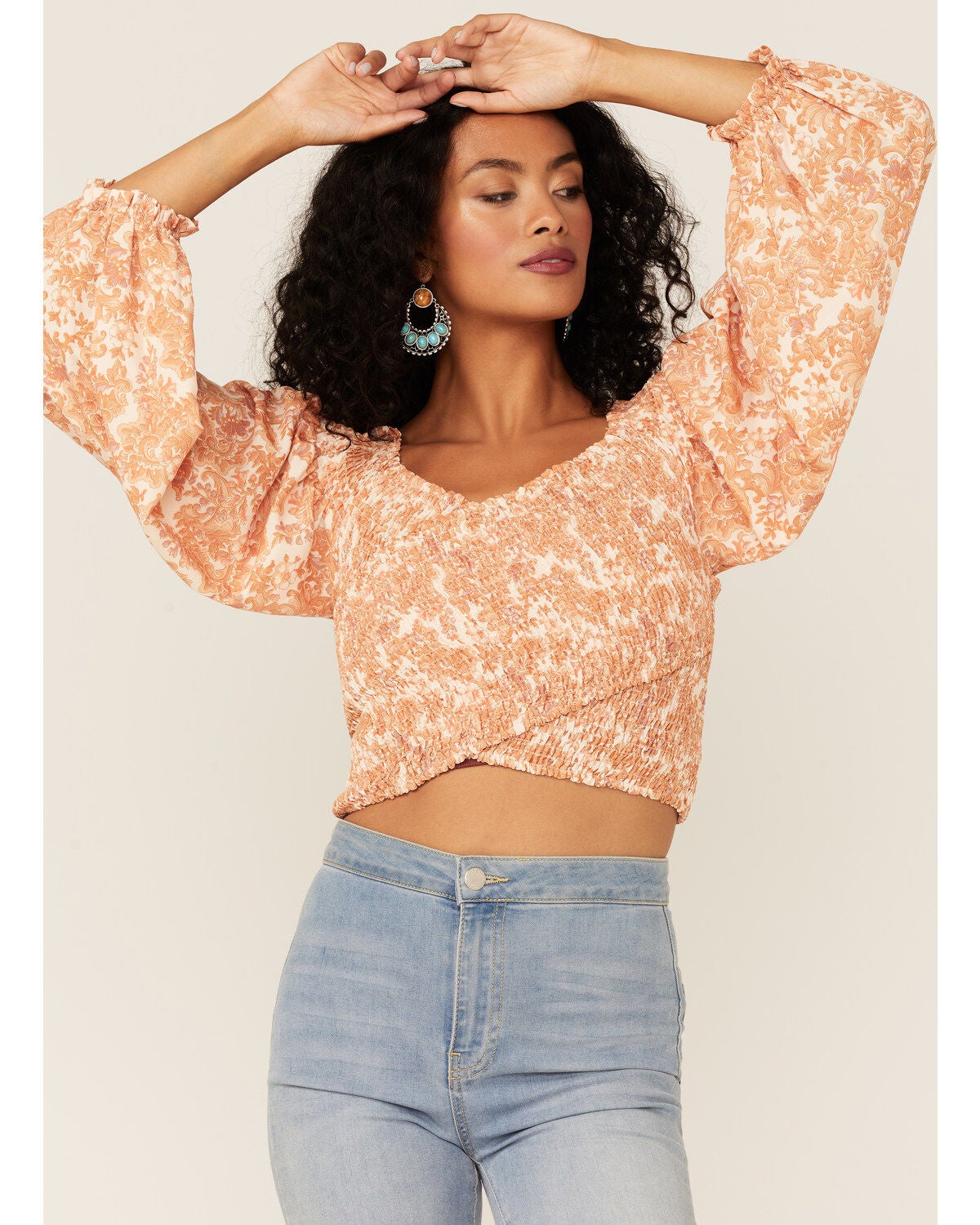 Flying Tomato Women's Criss Cross Smocked Long Sleeve Crop Top, Ivory, hi-res