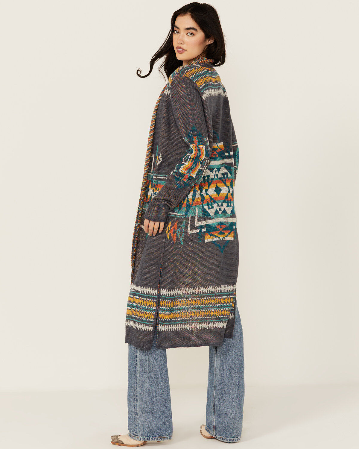 Image #4 - Rock & Roll Denim Women's Southwestern Print Duster Cardigan, Grey, hi-res