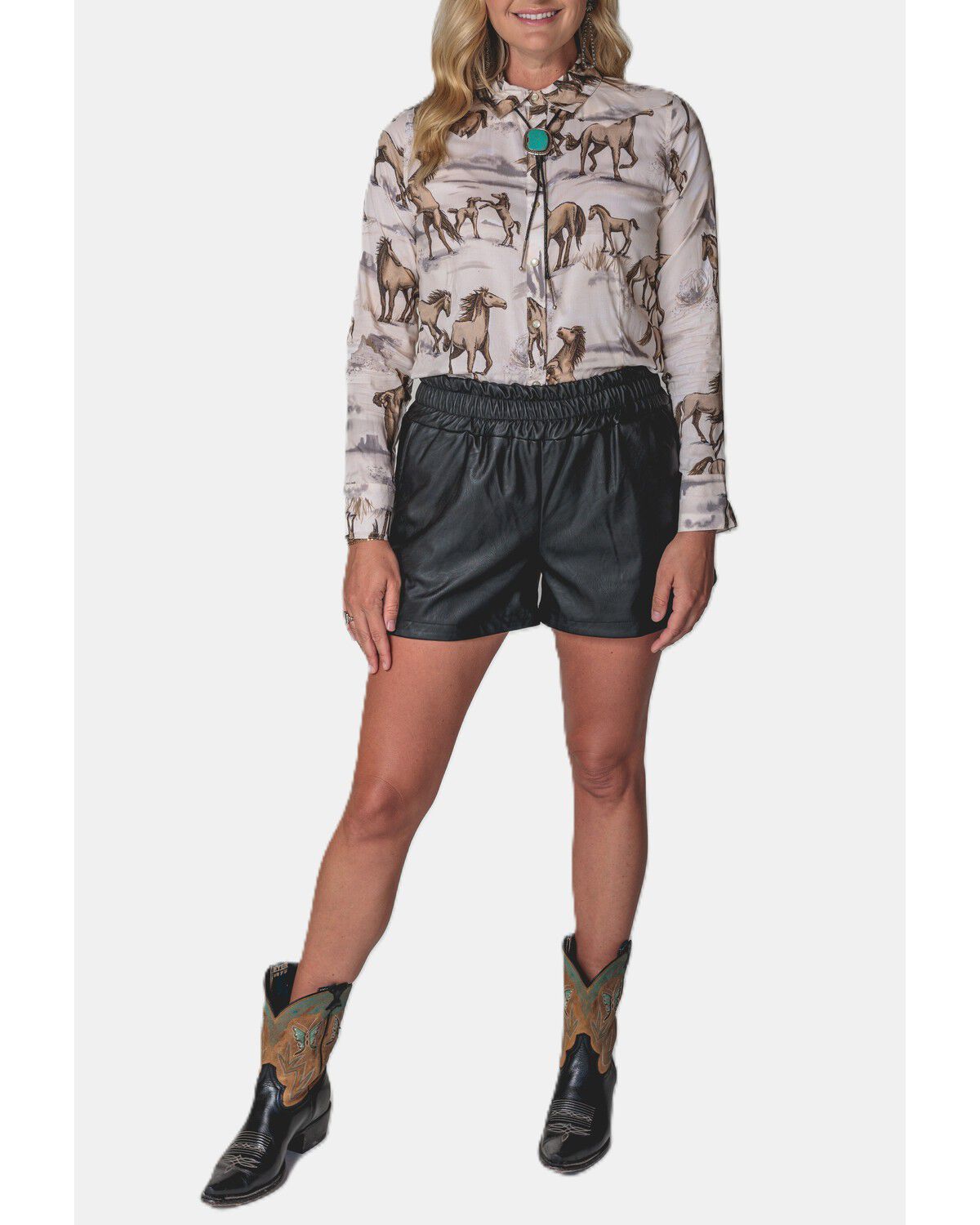 Image #1 - Lovlei Ranch Women's Cheyenne Wild and Free Horse Print Long Sleeve Pearl Snap Western Shirt, Ivory, hi-res