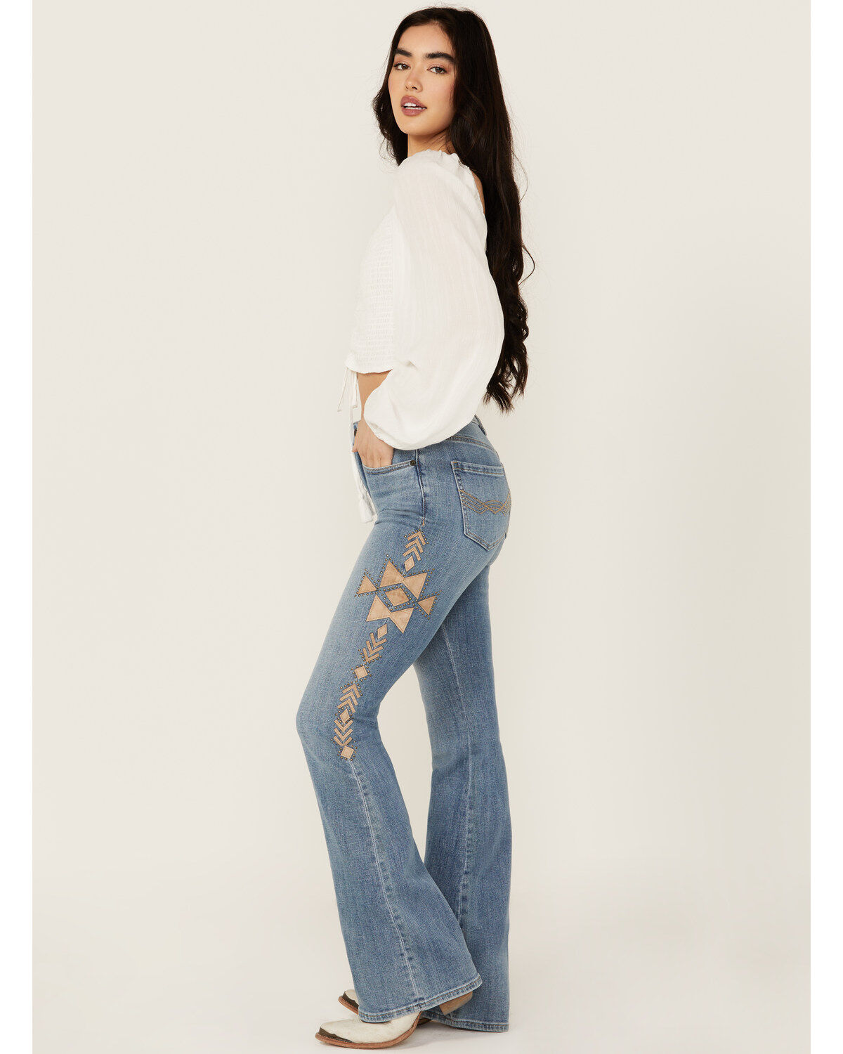Image #2 - Idyllwind Women's Ellis Medium Wash Gypsy High Rise Faux Suede Embellished Bootcut Comfort Stretch Denim Jeans, Medium Wash, hi-res