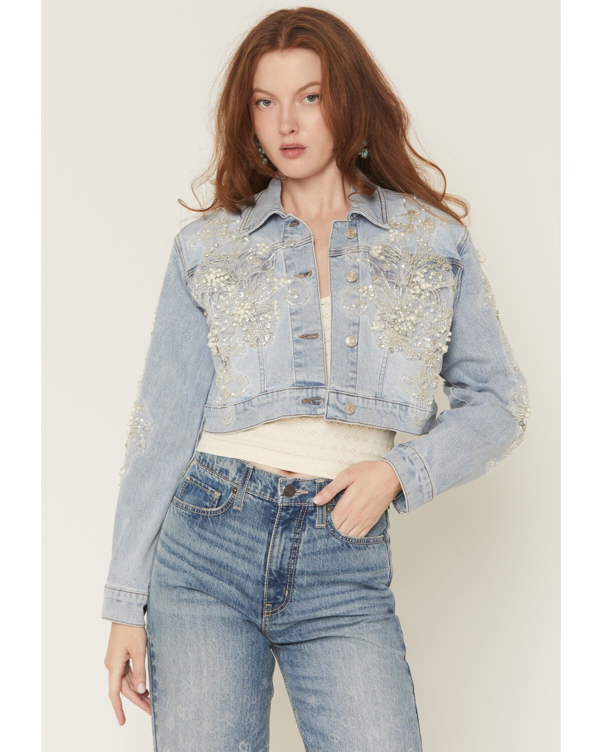 Azalea Wang Women's Light Wash Embellished Button-Down Cropped Denim Jacket, Light Wash, hi-res