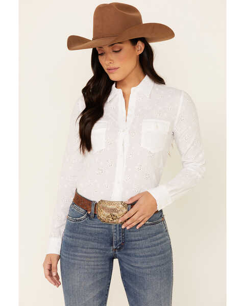 Stetson Women's Eyelet Solid Long Sleeve Button Down Western Shirt , White, hi-res