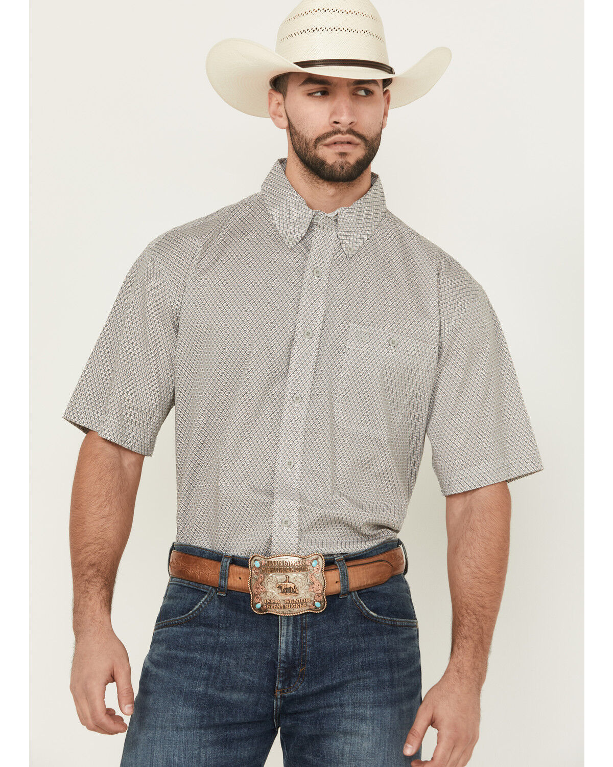 Image #1 - George Strait by Wrangler Men's Geo Print Short Sleeve Button-Down Stretch Western Shirt, Grey, hi-res