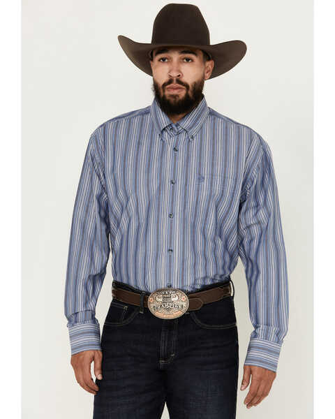George Strait by Wrangler Men's Striped Long Sleeve Button-Down Western Shirt - Big , Blue, hi-res