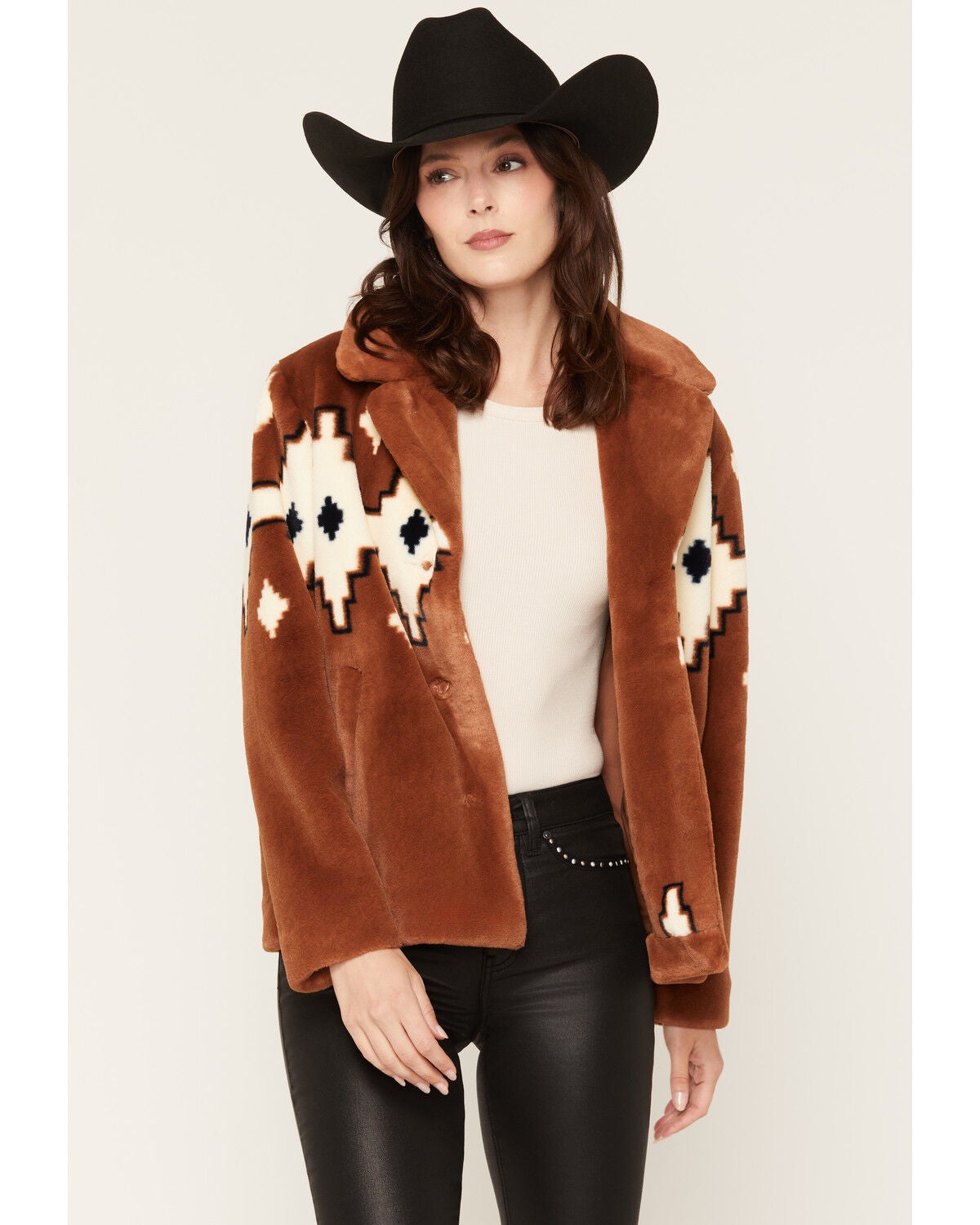 Image #1 - Idyllwind Women's Lusitano Southwestern Print Faux Fur Jacket, Bark, hi-res