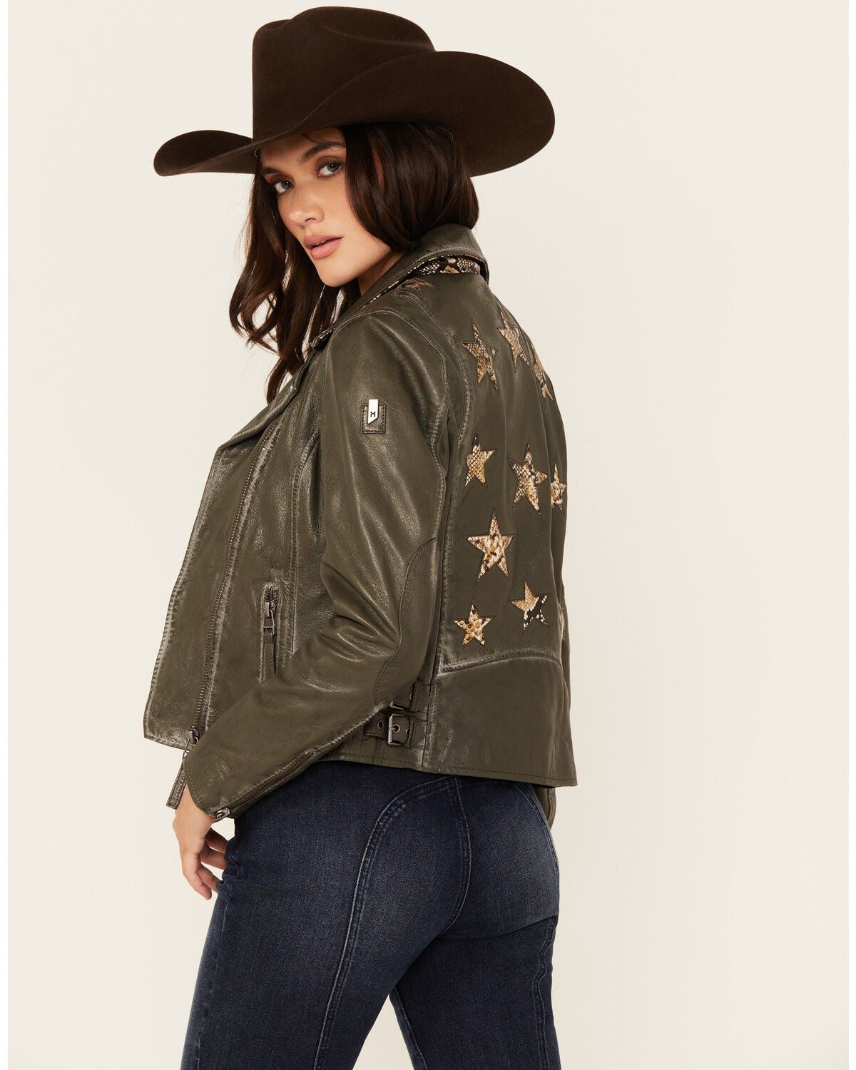 Mauritius Leather Women's Christy Scatter Star Leather Jacket, Olive, hi-res