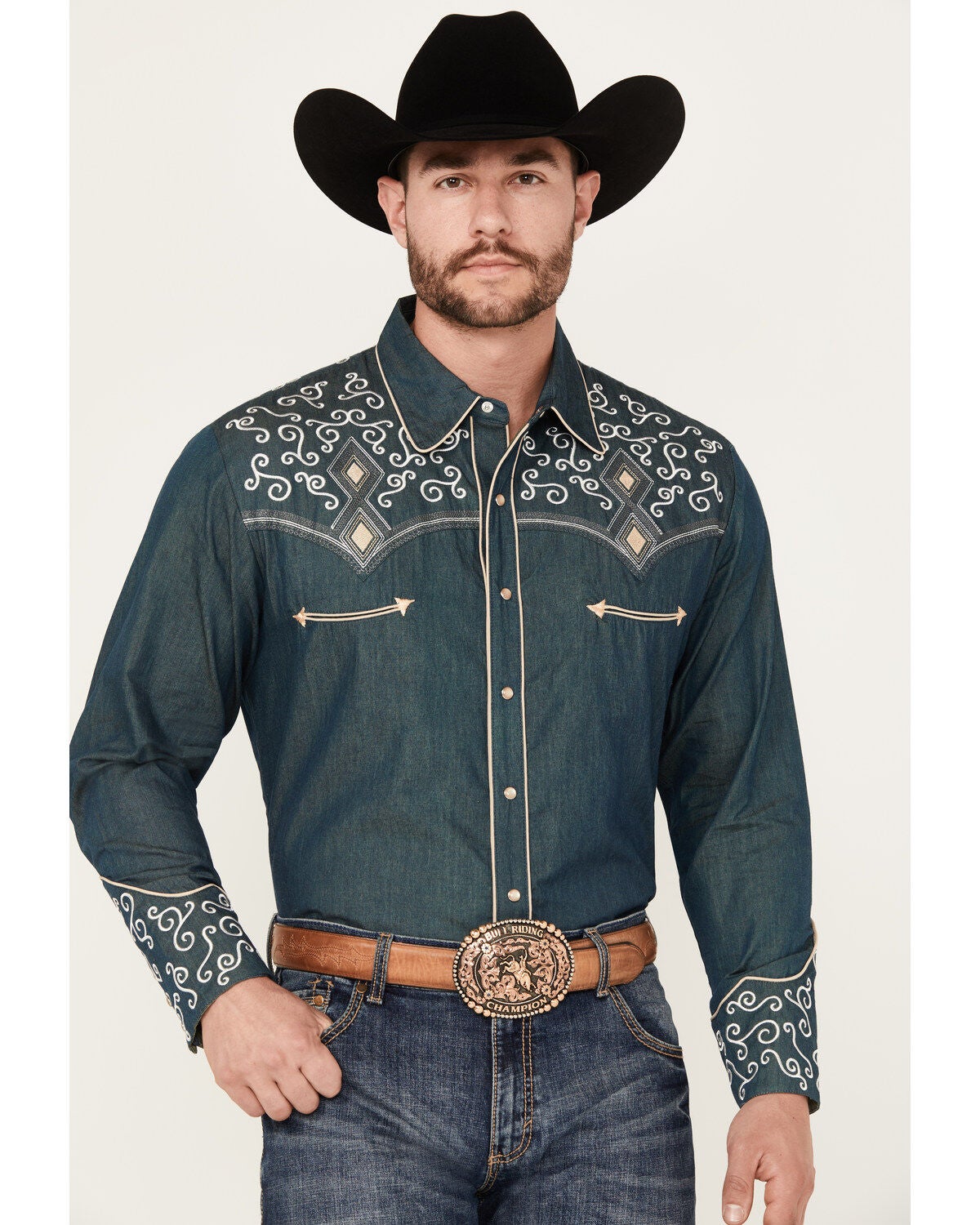Scully Men's Denim Scroll Embroidered Long Sleeve Pearl Snap Western Shirt, Navy, hi-res