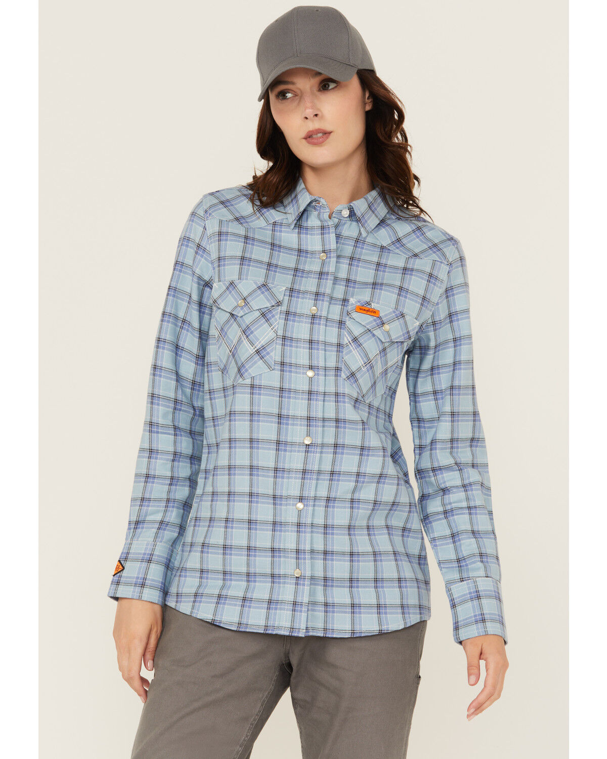Wrangler Women's FR Riverside Plaid Print Long Sleeve Snap Work Shirt, Blue, hi-res