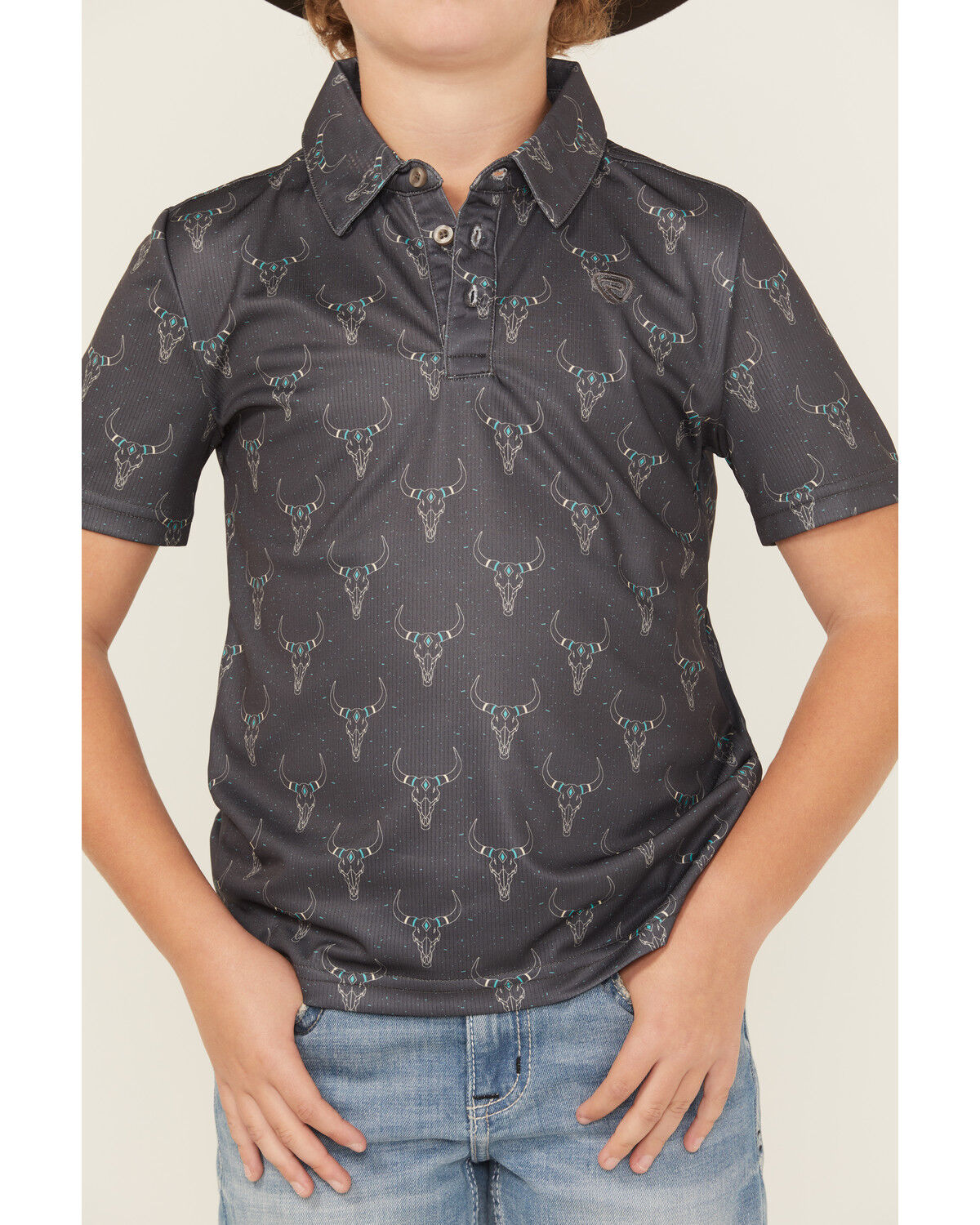 Product Name:  Rock & Roll Denim Boys' Long Horn Print Short Sleeve Button-Down Polo