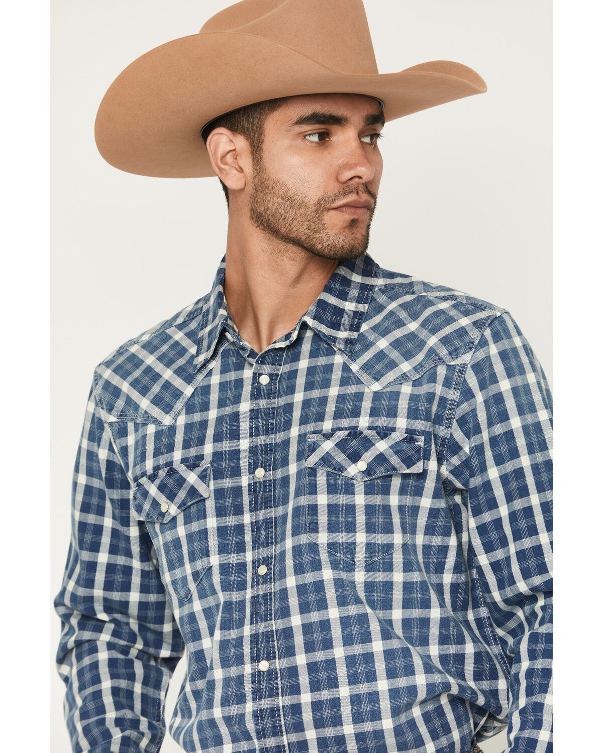 Image #2 - Cody James Men's Conaway Denim Plaid Print Long Sleeve Snap Western Shirt, Blue, hi-res