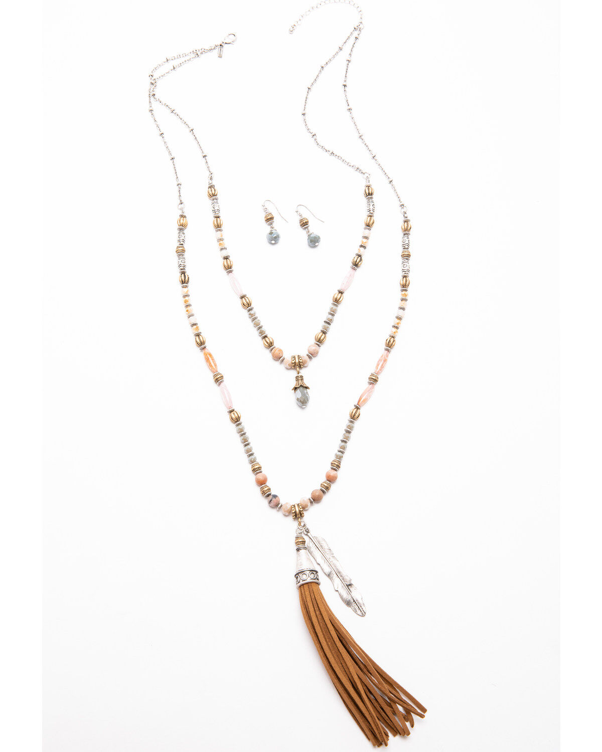 Image #1 - Shyanne Women's Moonlit Two Layered Beaded Necklace Tassel Jewelry Set , Silver, hi-res