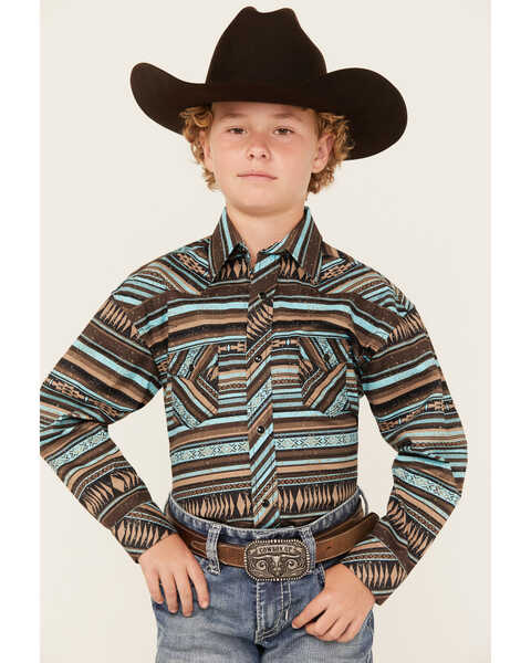 Rock & Roll Denim Boys' Southwestern Stripe Print Long Sleeve Snap Western Shirt, Teal, hi-res