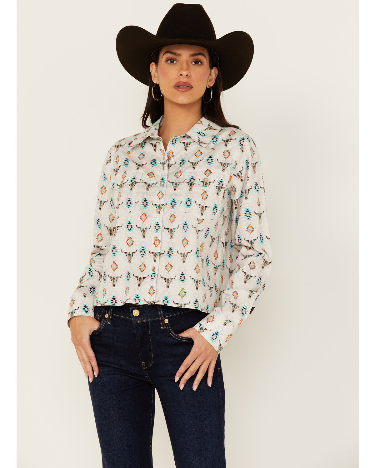 Women's Panhandle Steer Print Long Sleeve Snap Western Shirt