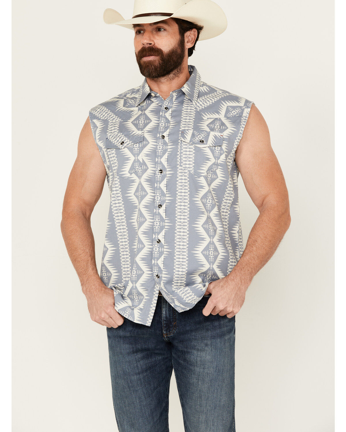 Men's Cody James Blue Sky Southwestern Print Sleeveless Snap Western S