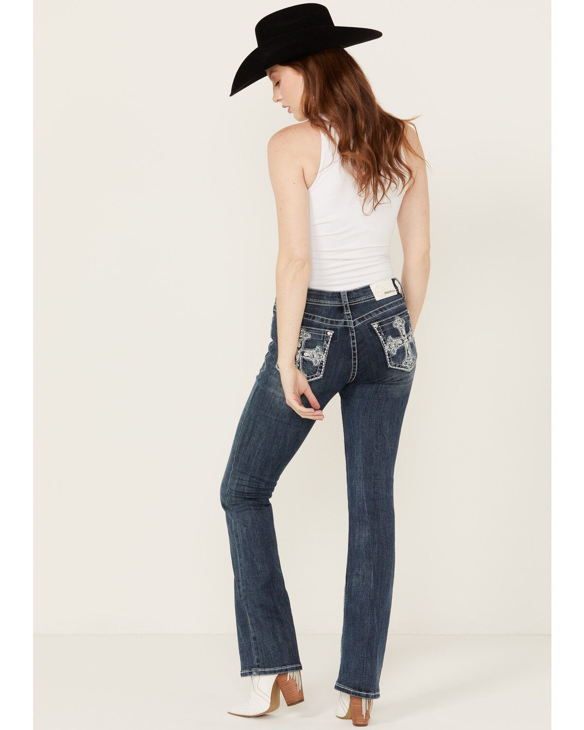 Women's Grace In LA Medium Wash Paisley Cross Pocket Bootcut Stretch D
