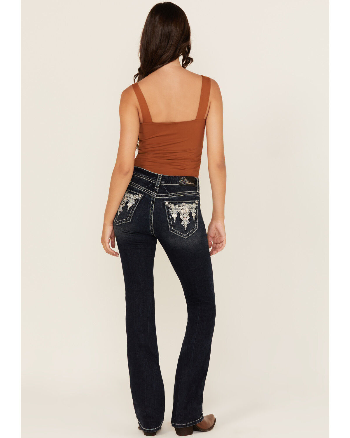 Women's Grace In LA Dark Wash Geo Print Embroidered Mid Rise Bootcut S