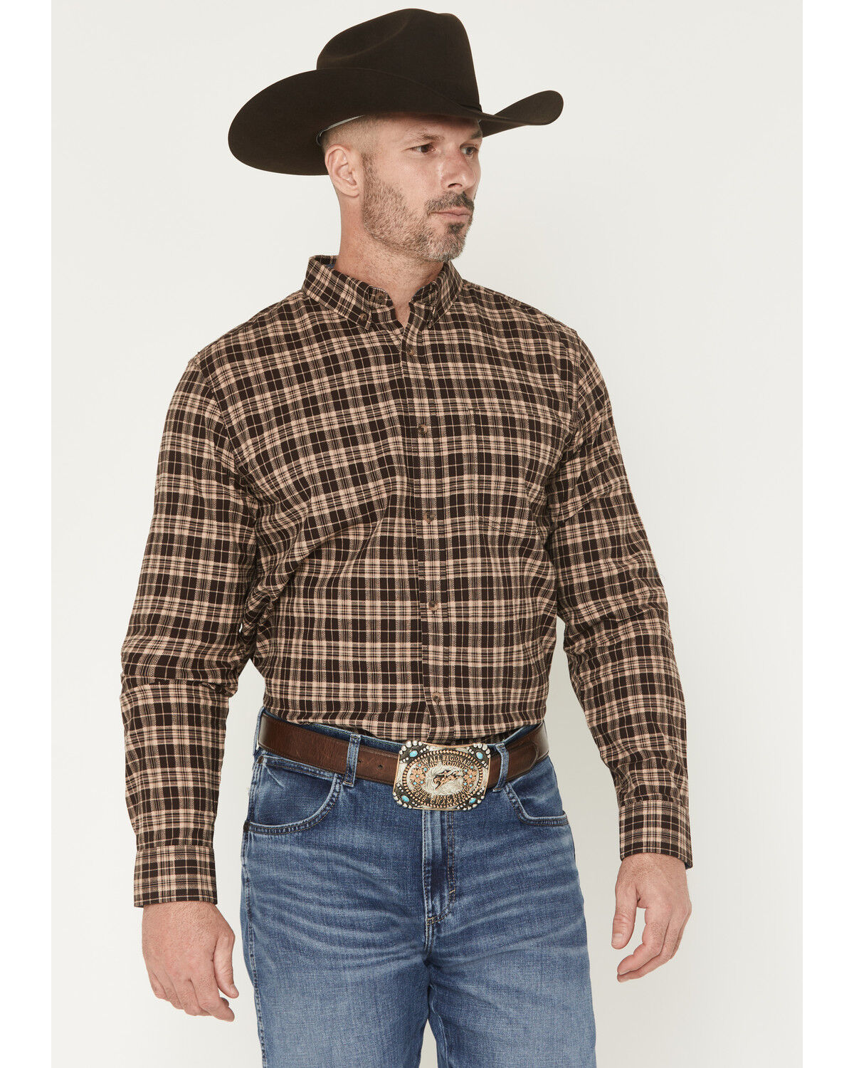 Men's Cody James Whiskey Ranch Plaid Print Long Sleeve Button-Down Str