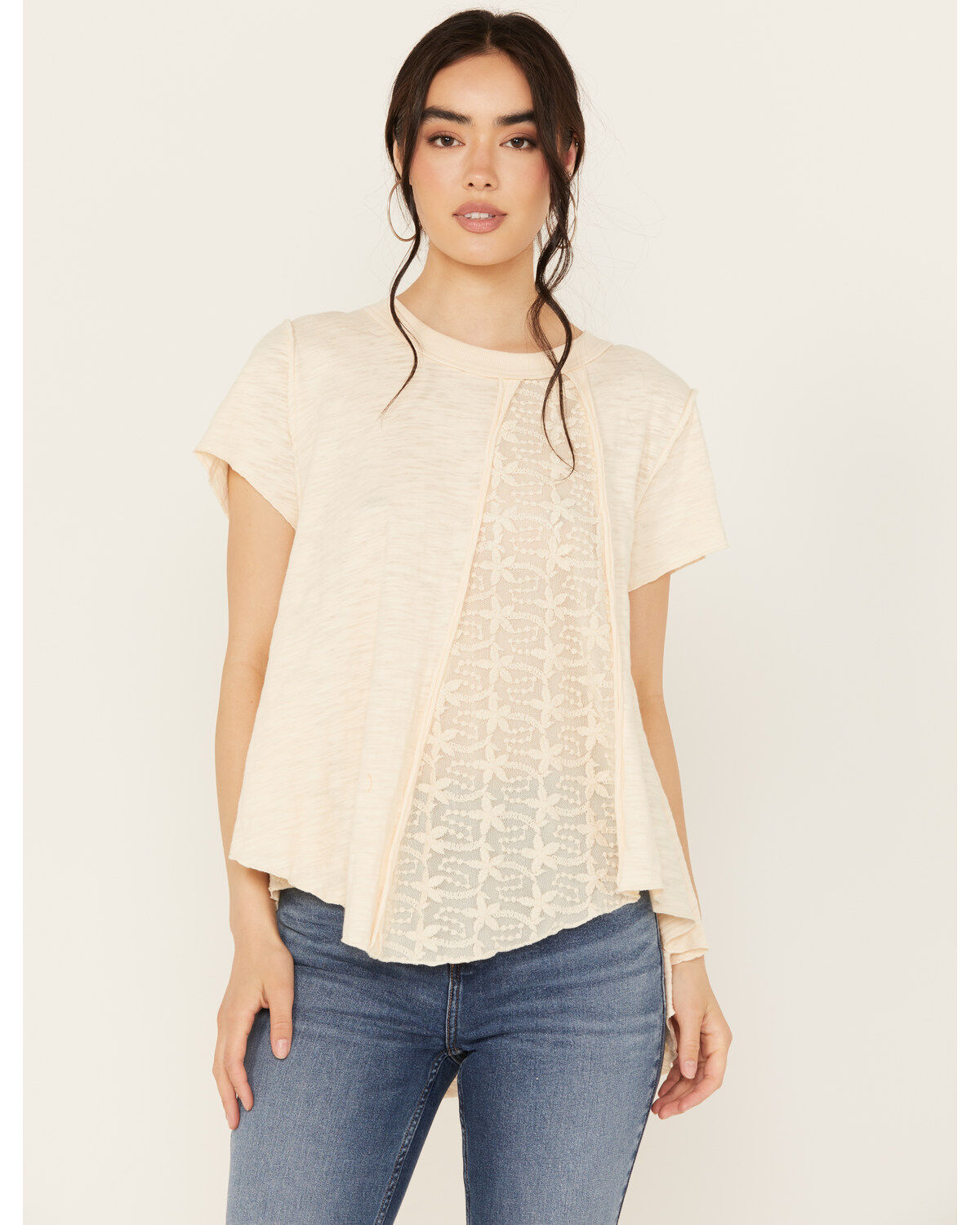 Women's By Together Lace Contrast Short Sleeve Knit Top