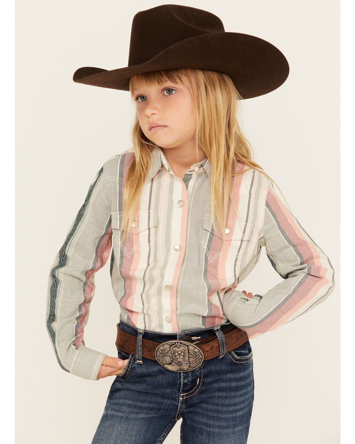 Wrangler Girl's Serape Striped Print Long Sleeve Pearl Snap Western Sh