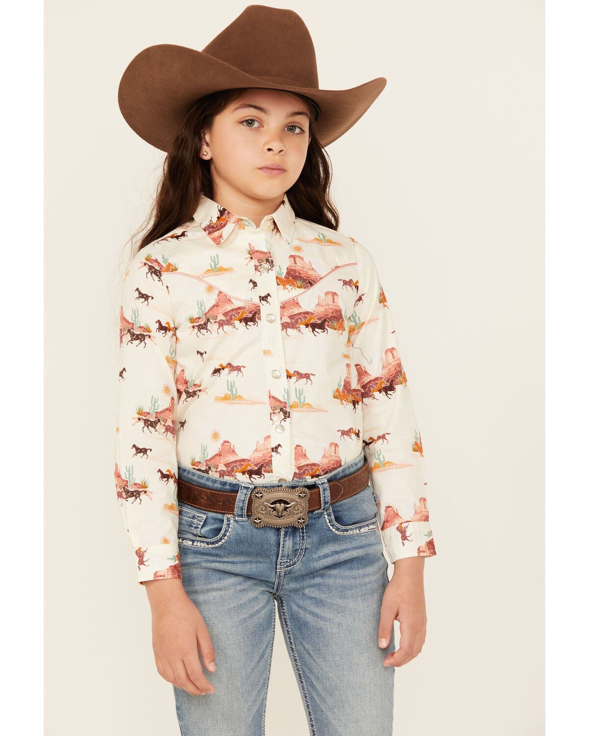 Girls' Wrangler Horse Desert Long Sleeve Pearl Snap Western Shirt